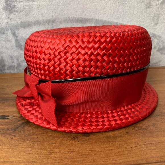 Vintage Neusteters Denver Red Straw Hat With Box size  22 Net lining w/Box Nice! - Picture 1 of 13